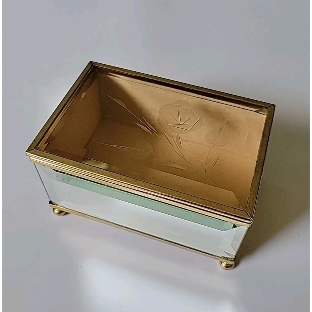 Vintage Beveled Mirrored Glass Brass Trim Trinket Jewelry Box Etched Floral Lid